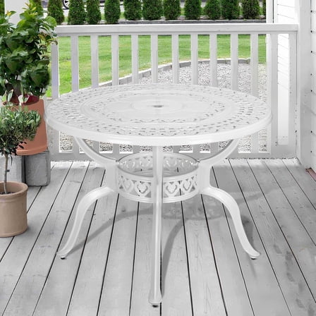 SOCIALCOMFY 38.5 Inch Outdoor Dining Table Round Patio Table Bronze Cast Aluminum Rustic Large Table with Umbrella Hole, White