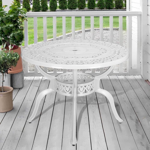 SOCIALCOMFY 38.5 Inch Outdoor Dining Table Round Patio Table Bronze Cast Aluminum Rustic Large Table with Umbrella Hole, White