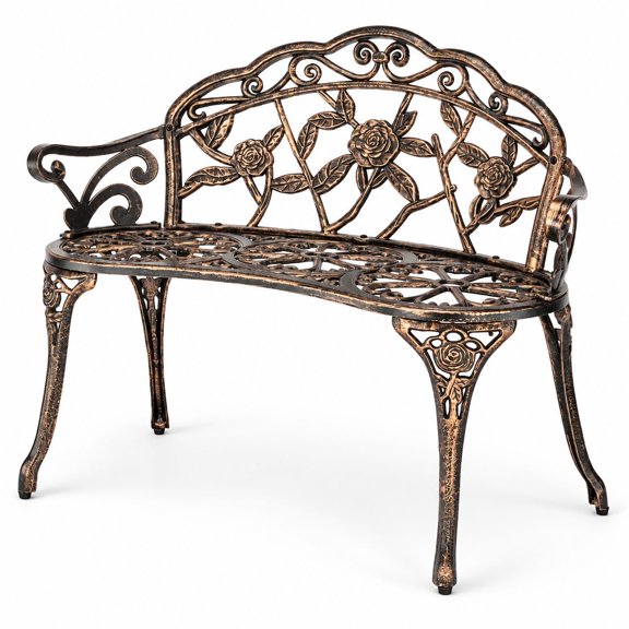 38.5" Metal Rose Garden Bench, 2-Person, Bronze, Cast Iron Frame