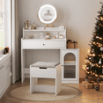 thumbnail image 1 of 38.5" Modern Makeup Vanity Table with 360° Rotated Mirror & Adjustable Lights,  Storage Chair, Side Cabinet with Waveform Glass Doors, for Bedroom, Antique White, 1 of 8