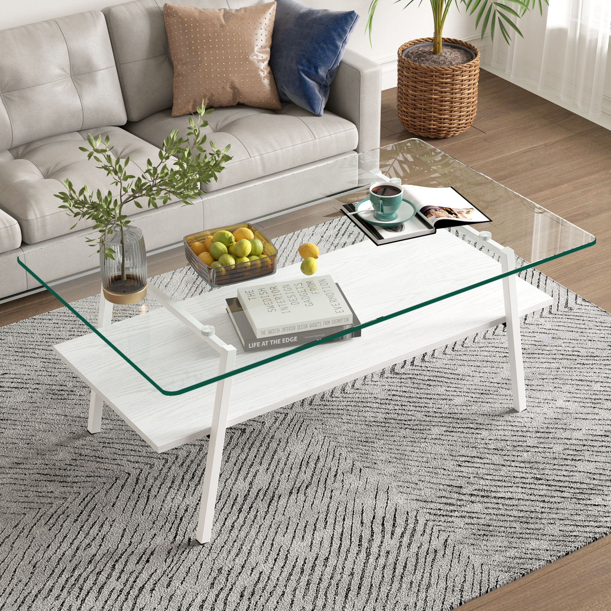 38.58" Wide Glass Coffee Table, Modern Accent Living Room Table with