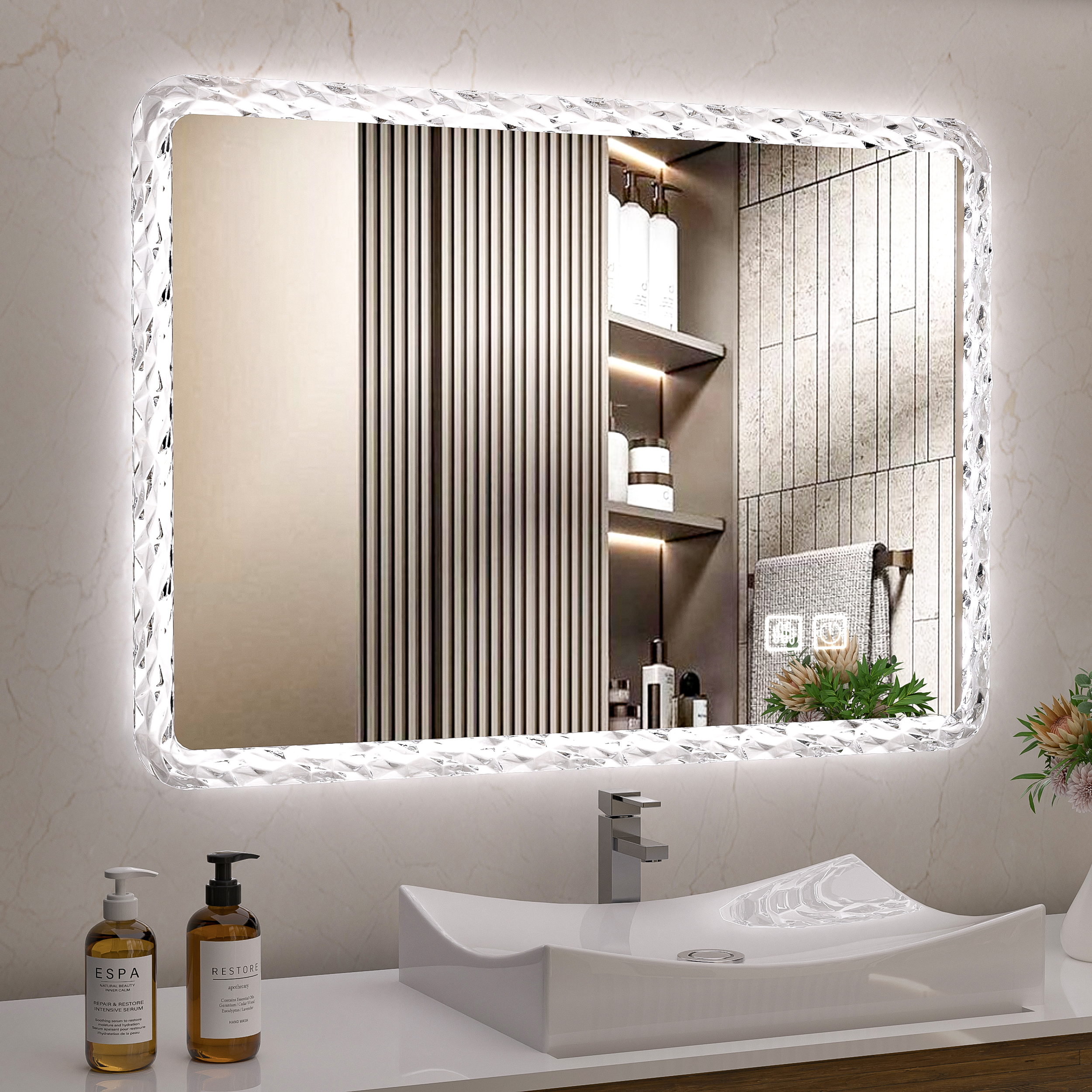 38.5X25 Inches Bathroom Mirror with LED Lights, Smart Mirror with Anti ...