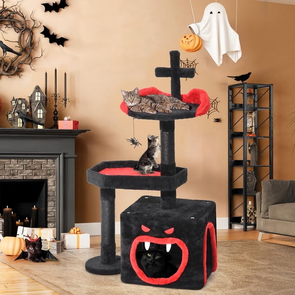 38.5in Gothic Cat Tree: Indoor Kitten Tower with Coffin Bed Featuring Spacious Condo, Spider Hanging Ball, Scratching Post, Black Halloween