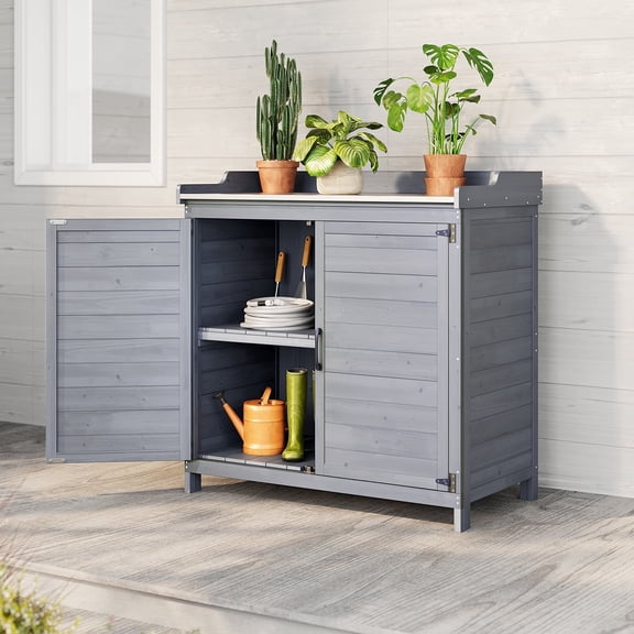 38.6"D x 18.9"W x 37.4"H (6.1 sq ft) Wood Outdoor Patio Potting Bench with Adjustable Shelves - Gray