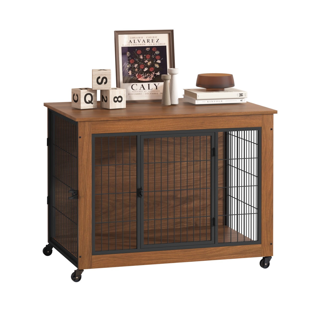 38.6" Dog Crate Furniture with Wheels for Small Dogs, Wooden Indoor Kennel with 2 Doors, Heavy Duty Metal Dog Cage End Table, Double Door Pet Crate, Brown