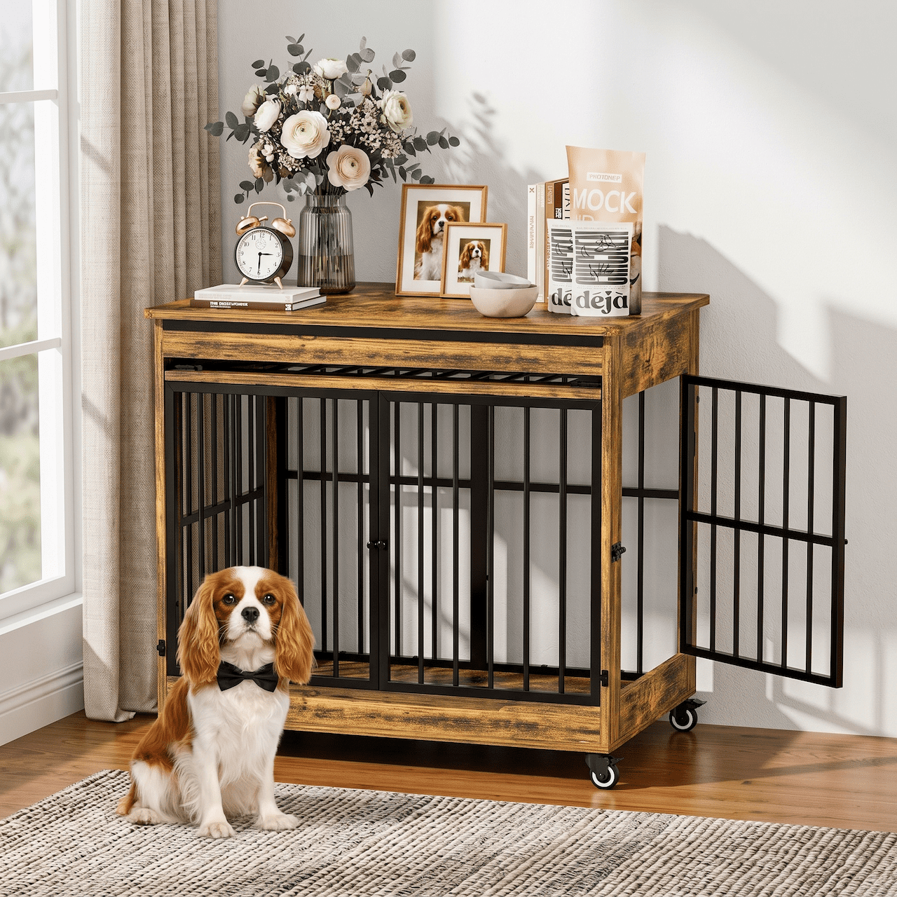 Xiweot 32" Dog Crate Furniture, Wooden Dog Kennel with Double Doors & Wheels, Indoor Pet Cage End Table for Small & Medium Dogs, Dog Kennel Furniture with Privacy Curtain, Size M, Rustic Brown