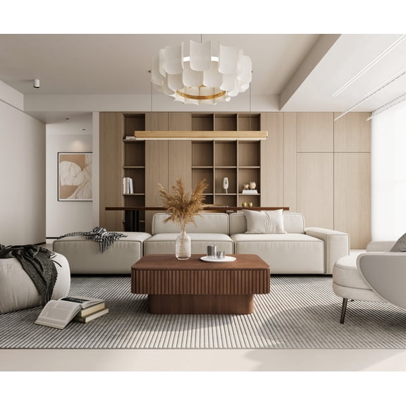 38.6'' Fluted Lift-top Coffee Table Solid Wood Veneered Modern Coffee Table Accent Tea Table with Storage and Adjustable Height for Living Room, Bedroom, Apartment or Office, Walnut