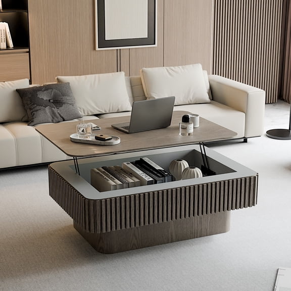 38.6'' Fluted Lift-top Coffee Table Solid Wood Veneered Modern Coffee Table Accent Tea Table with Storage and Adjustable Height for Living Room, Bedroom, Apartment or Office, Gray