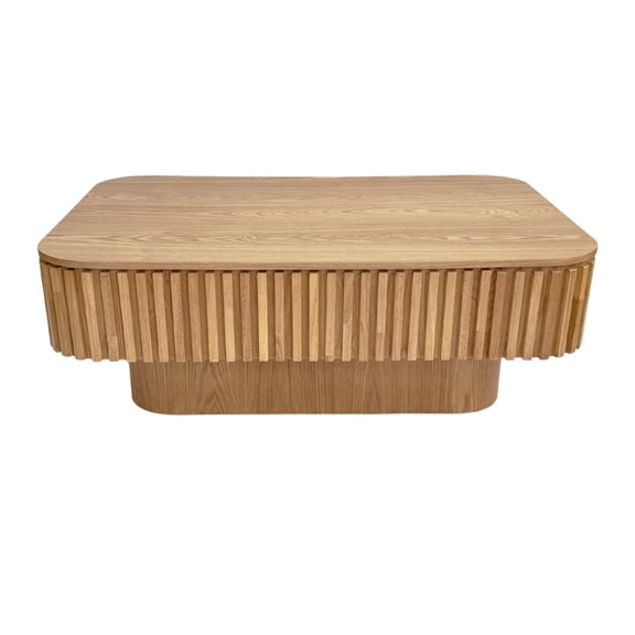38.6 Fluted Lift-top Coffee Table with Storage, Solid Wood Veneered Modern Coffee Table for Living Room, Bedroom, Apartment or Office, Natural Wood, Adjustable Height Coffee Table