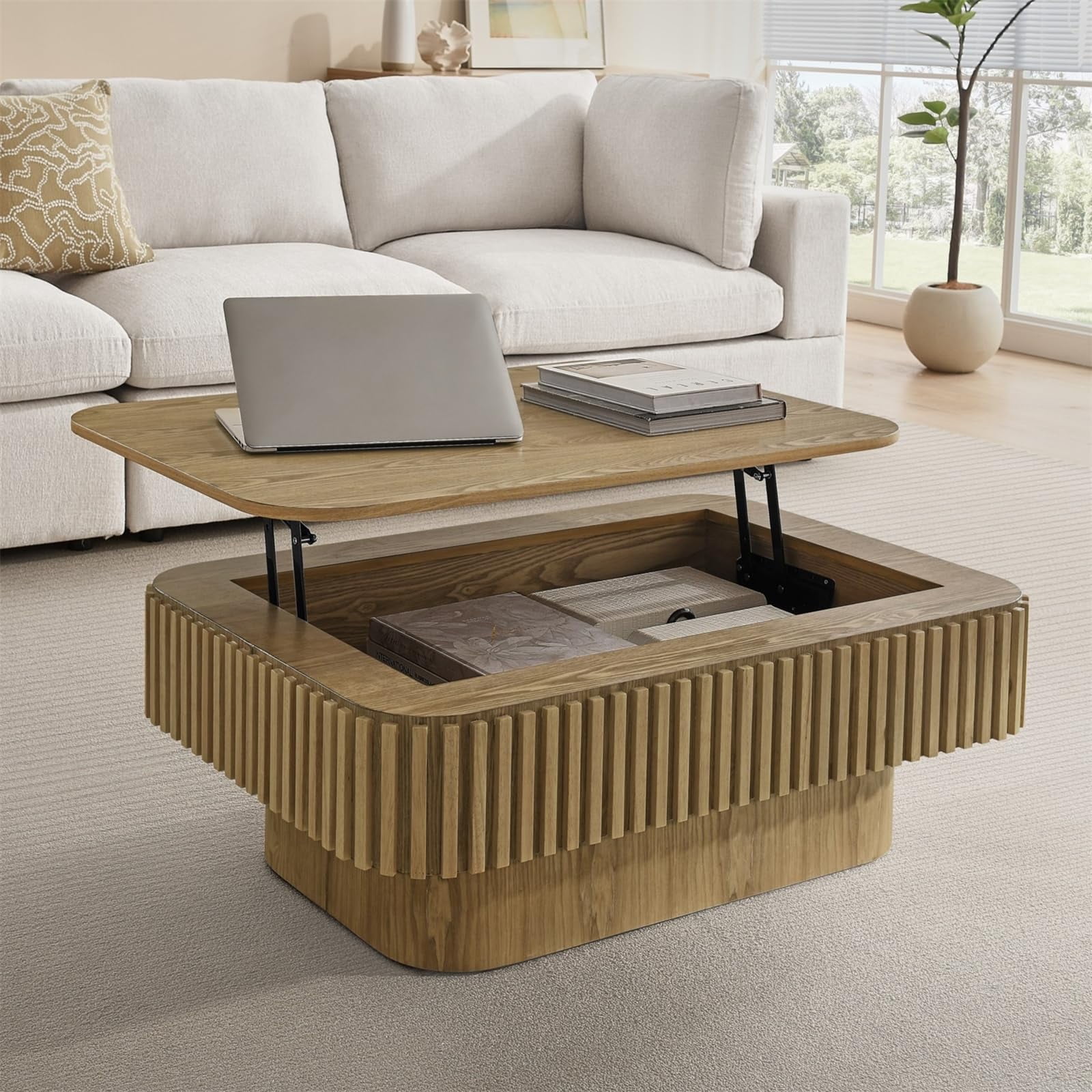 38.6" Lift-Top Natural Coffee Table with Hidden Storage Design for Living Room, Office or Small Spaces