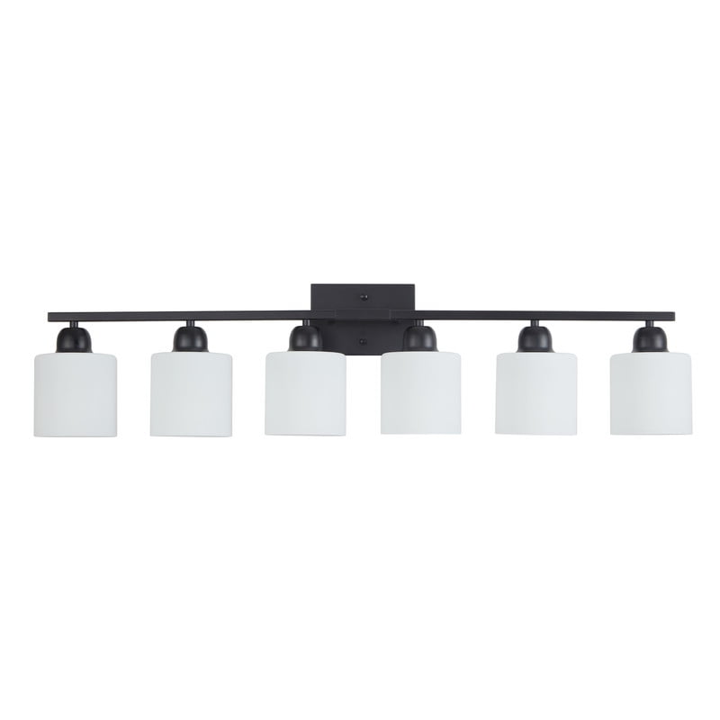 38" 6-Light Black Vanity Fixture - Modern Matte Bathroom Lighting for Mirror, Dimmable Wall Sconce with Milky White Glass Shades (Bulbs Not Included)