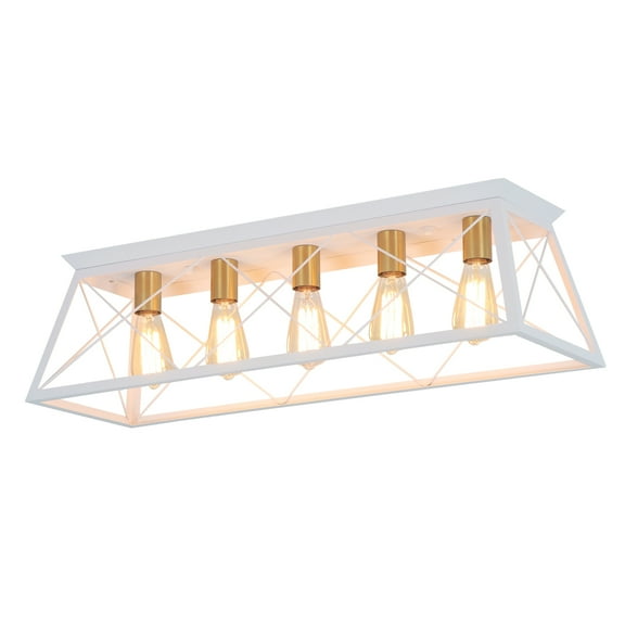 31.5" 5-Light Farmhouse White Rectangle Cage Flush Mount Ceiling Light for Living Dining Room