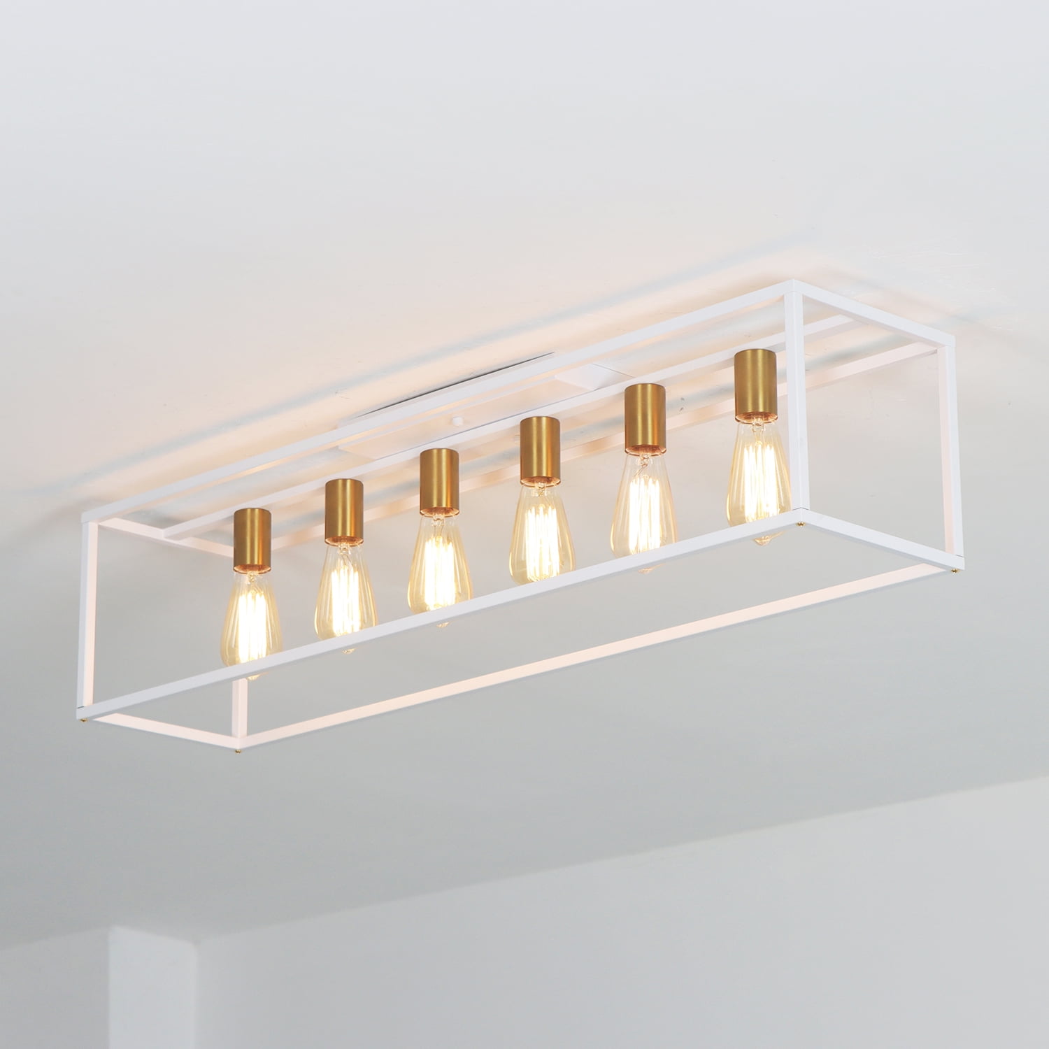 38" 6-Light Farmhouse White Rectangle Cage Close to Ceiling Light for Living Dining Room