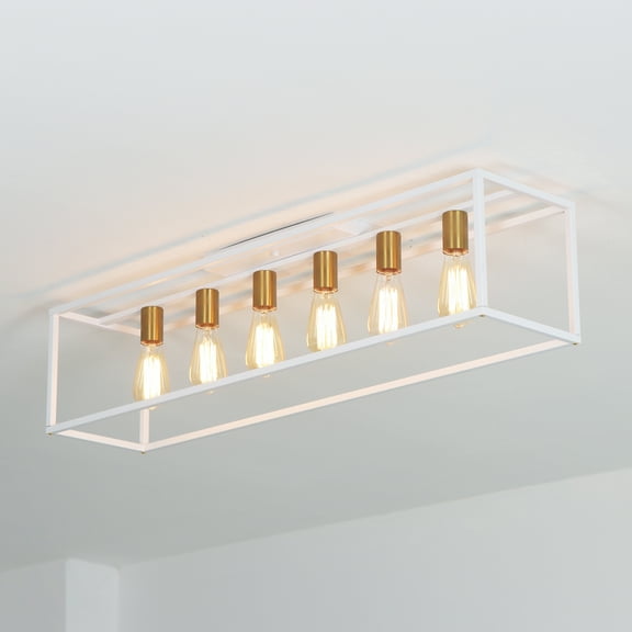 38" 6-Light Farmhouse White Rectangle Cage Close to Ceiling Light for Living Dining Room