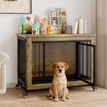 38.6'' Rustic Wood Dog Crate Furniture with Pull-Out Tray, Wheels & 3 Doors, Indoor Kennel Heavy Duty Dog Kennel with Removable Tray, Side Table for Small Medium Breeds Easy Assembly & Cleaning