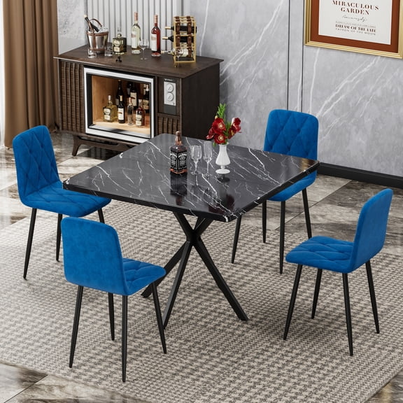 38.6" Square Dining Table Set for 4, Modern Faux Marble Kitchen Coffee Table Set with 4 PU Chairs and Iron Legs, Saving Space for Kitchen Dining Room, Black+Blue