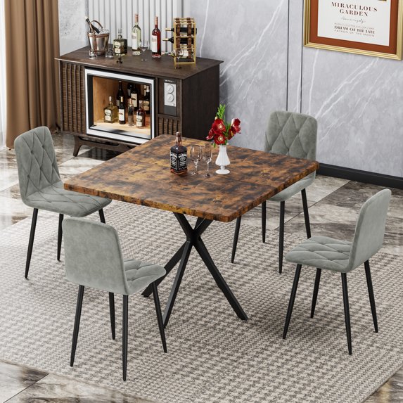 38.6" Square Dining Table Set for 4 with Faux Marble Top and PU Chairs, Space-Saving Kitchen Table with Iron Legs for Modern Homes, Brown and Gray
