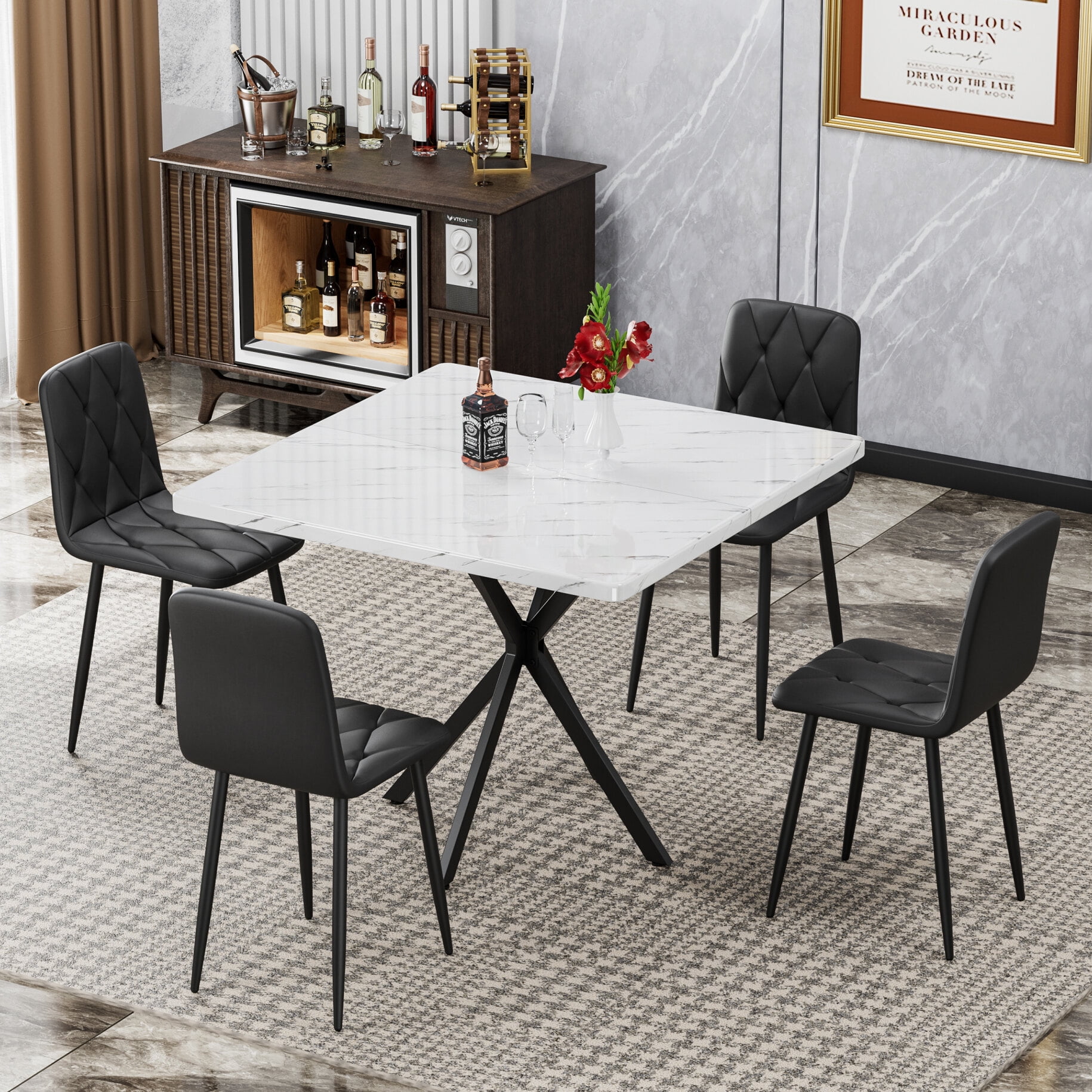 38.6" Square Dining Table Set for 4 with PU Chairs, Modern Faux Marble ...