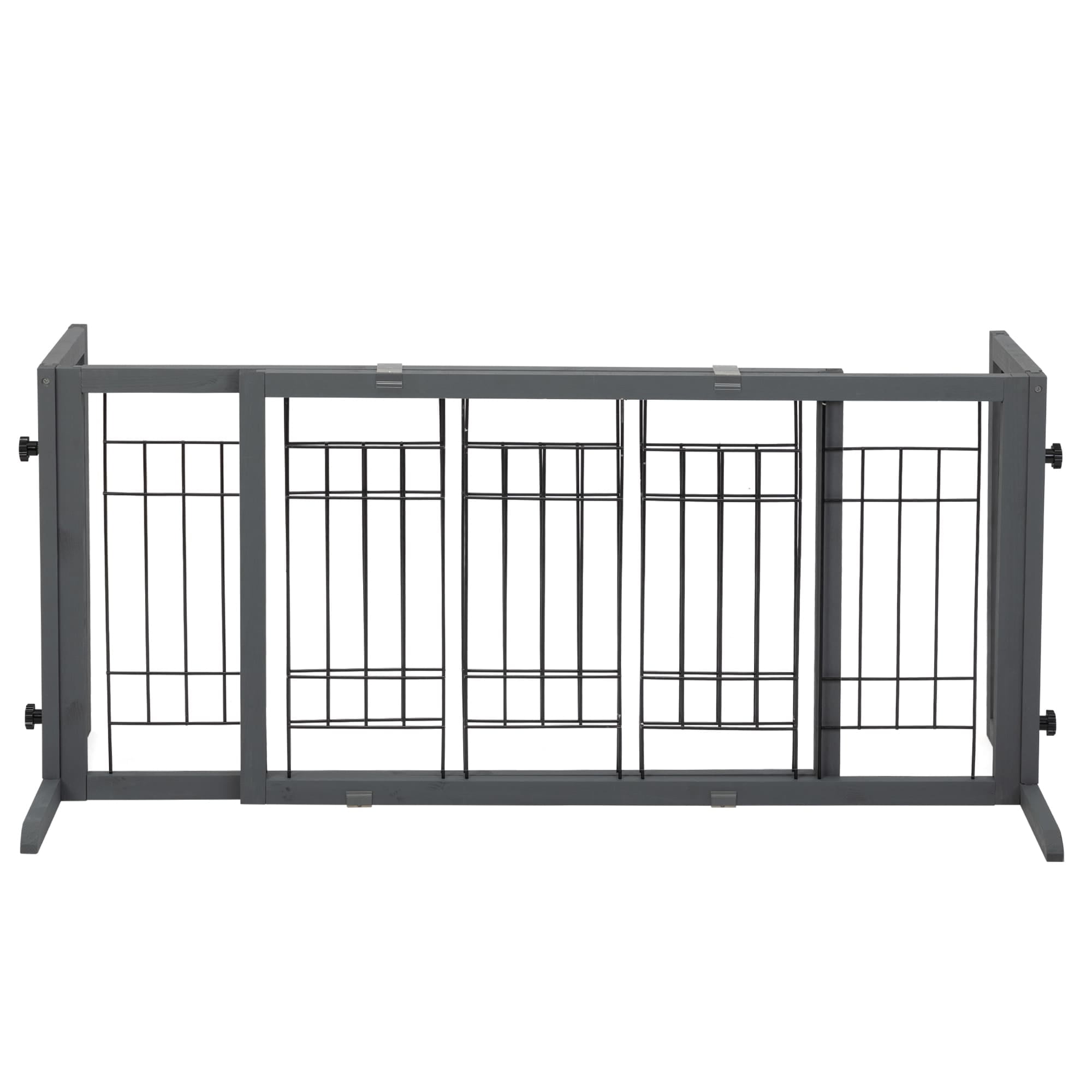 Gray Adjustable Freestanding Solid Wood Pet Gate with Wire Mesh