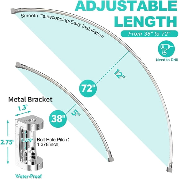 38–72" Adjustable Curved Shower Curtain Rod, Nickel Metal Drill-Mount Rod with Rotating Brackets, Round Bathroom Shower Rod for Expanded Space
