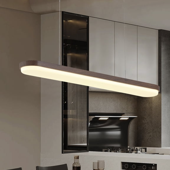38.78" Dimmable LED Linear Pendant Light, Wood-Tone Chandelier with PVC Shade, Adjustable Hanging Kitchen Island Light for Dining Room & Living Room