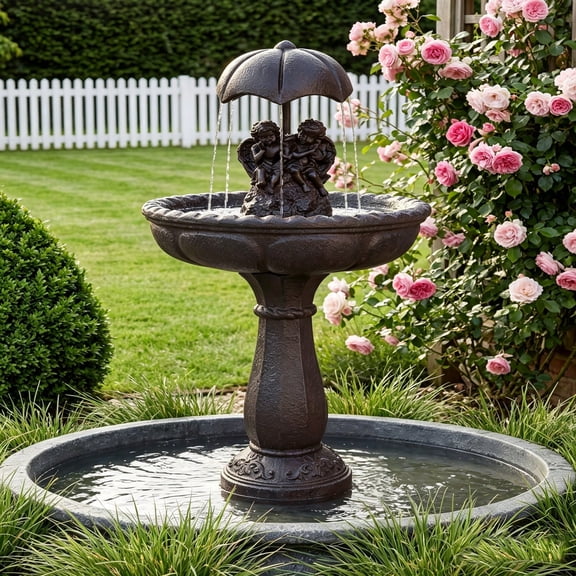 38.8 Inch Classical Cherub Angel Pedestal Water Fountain, 2-Tier Classical Resin Pedestal Waterfall Fountain, Stable Anti-Splash Water Flow, Weather Resistant Garden Yard Patio Decor