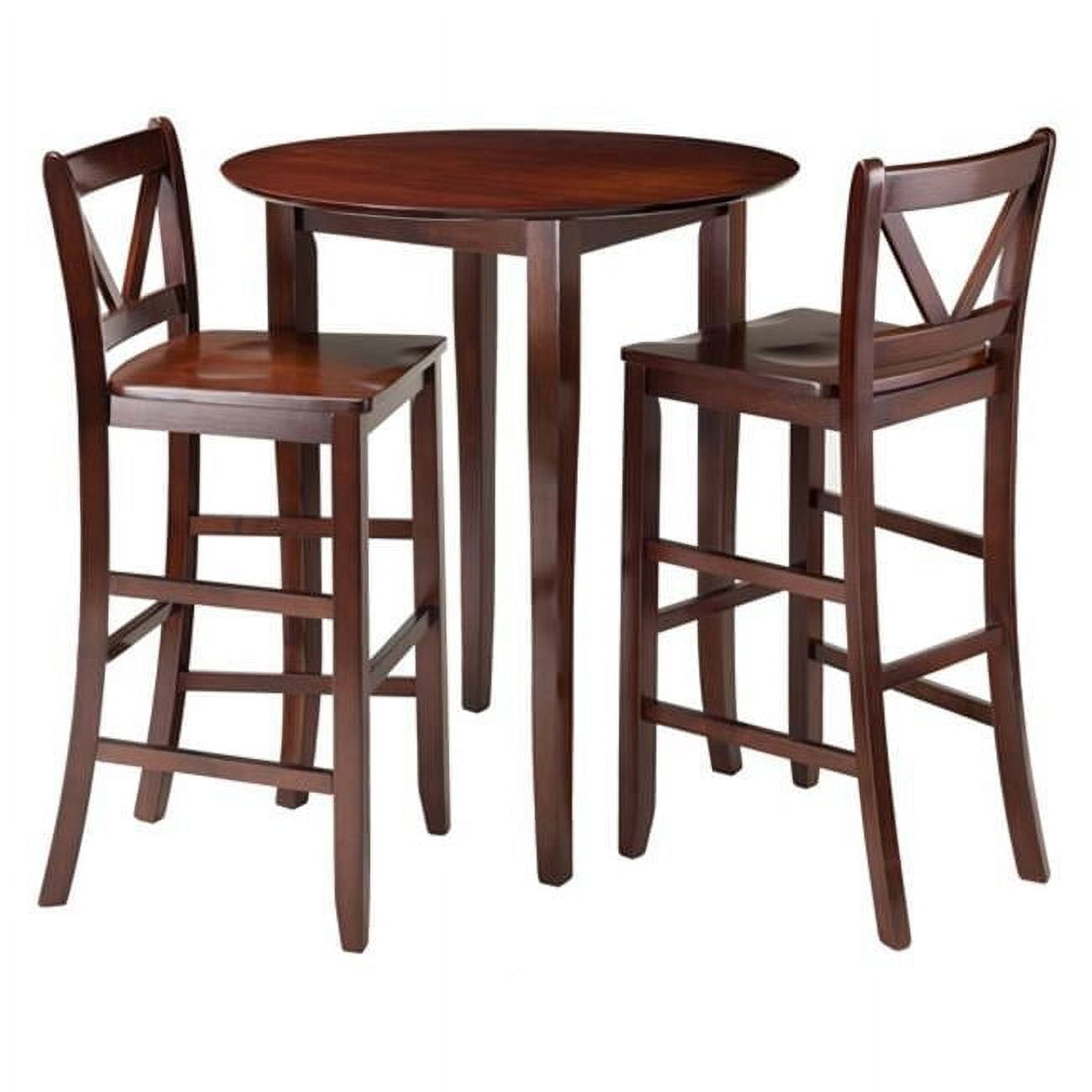 Walnut Finish Round Pub Table with 2 Bar Stools