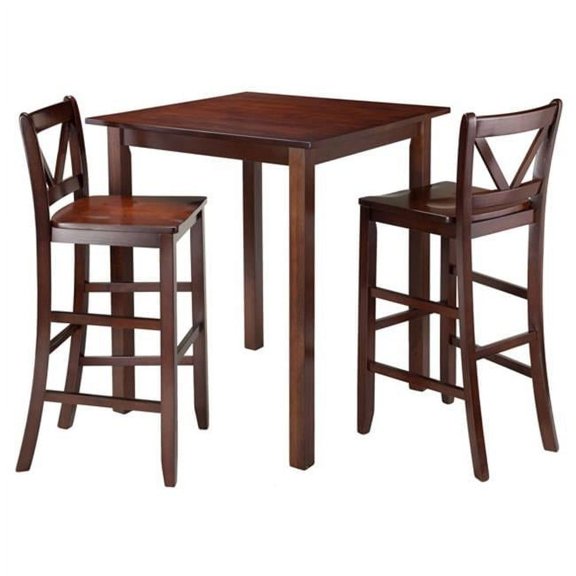 38.9 x 33.86 x 33.86 in. Parkland High Table with 2 Bar V-Back Stools, Walnut - 3 Piece