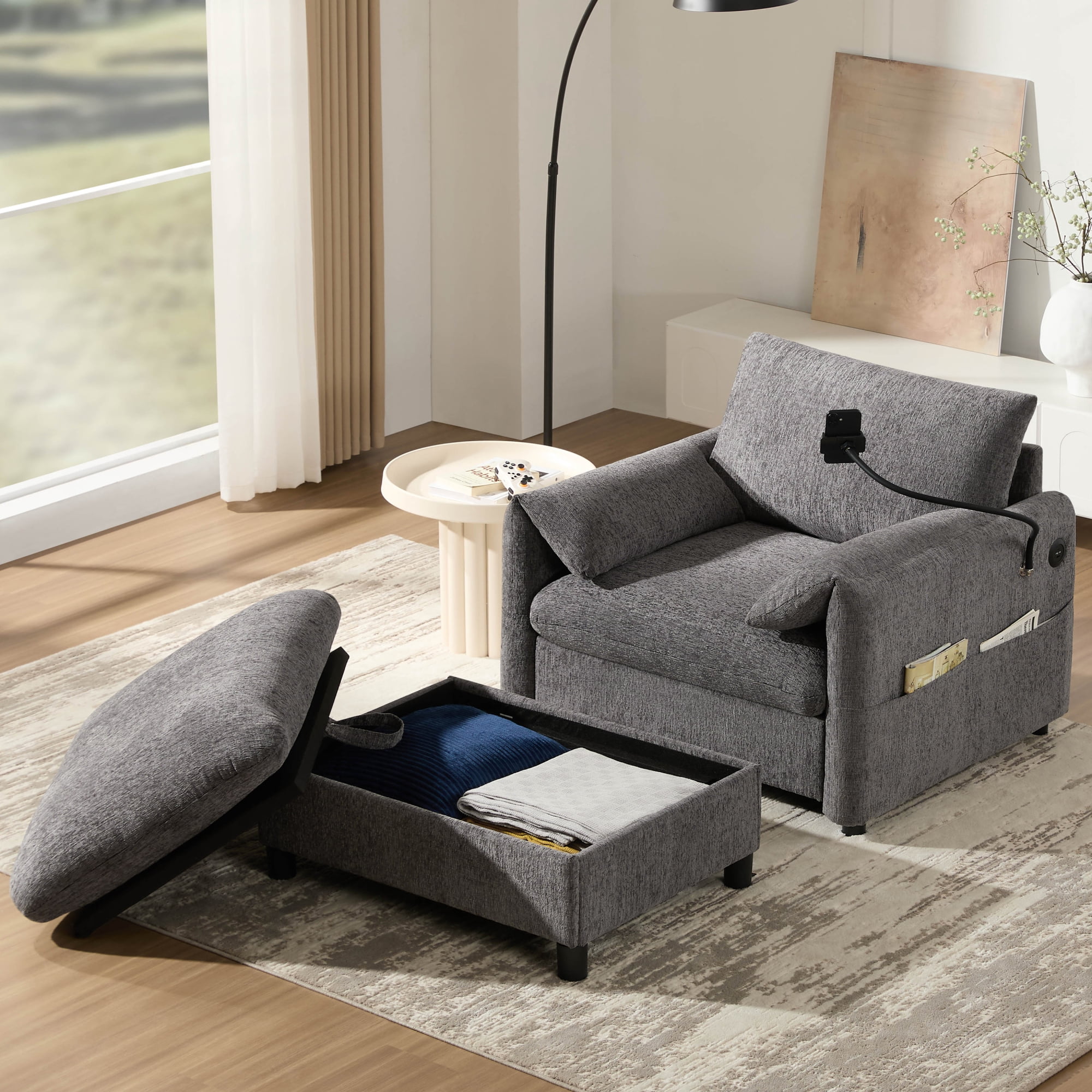 38" Accent Chair with Storage Ottoman, Single Sofa with USB Charger and Phone Holder, Wide Seat Chaise Lounge for Living Room&Apartment,Gray