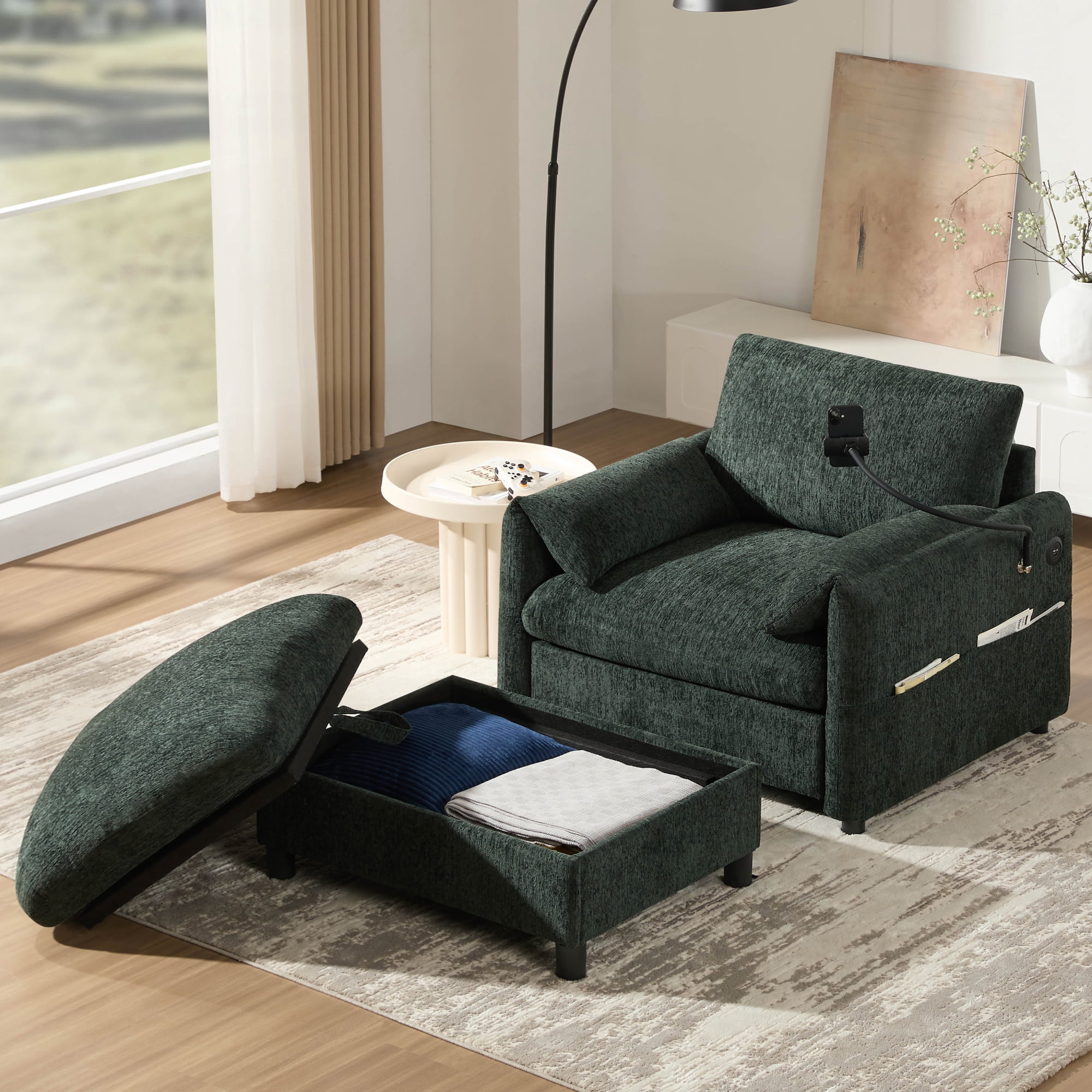 38" Accent Chair with Storage Ottoman, Single Sofa with USB Charger and Phone Holder, Wide Seat Chaise Lounge for Living Room&Apartment,Green