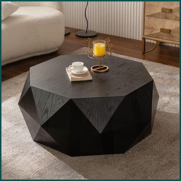 38" American Retro Black Coffee Table with 3D Embossing, Easy-Clean & No Assembly Needed
