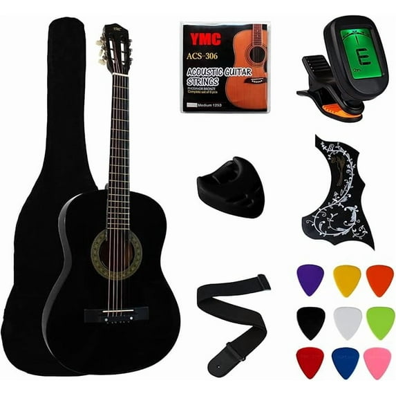 38" Black Beginner Acoustic Guitar Starter Package Student Guitar with Gig Bag,Strap, 3 thickness 9 picks,2 Pickguards,Pick Holder, Extra Strings, Electronic Tuner -Black