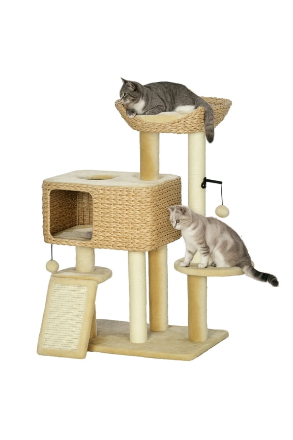 38" Cat Tree for Indoor Cats, Cat Tower with Scratching Posts, Ramp, Condo, Toy Balls, Platform, Bed, Ramp, Beige