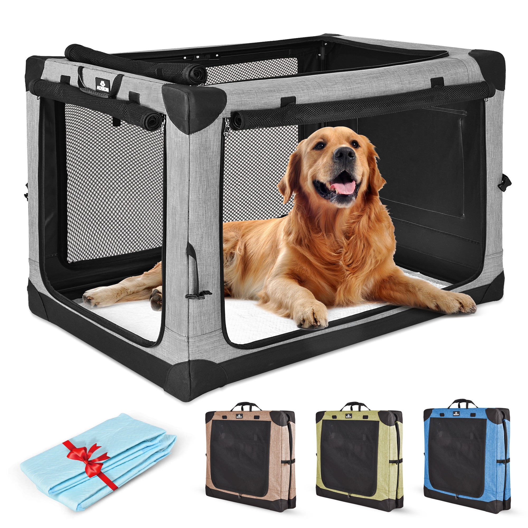 32 Collapsible Dog Crate, Dog Travel Crate,Portable Dog Crate,4 Door Soft Dog  Crate with Soft Mat, Pet Kennel for Medium Dogs, Indoor, Outdoor, Travel,  Training (Grey) 