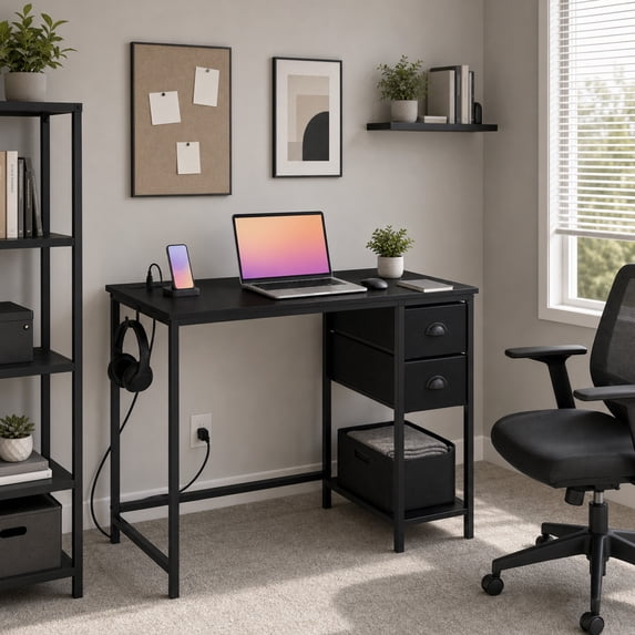 38" Computer Desk with Charging Station & 2 Fabric Drawers,Home Office Desk Writing Desk for Small Spaces,Black