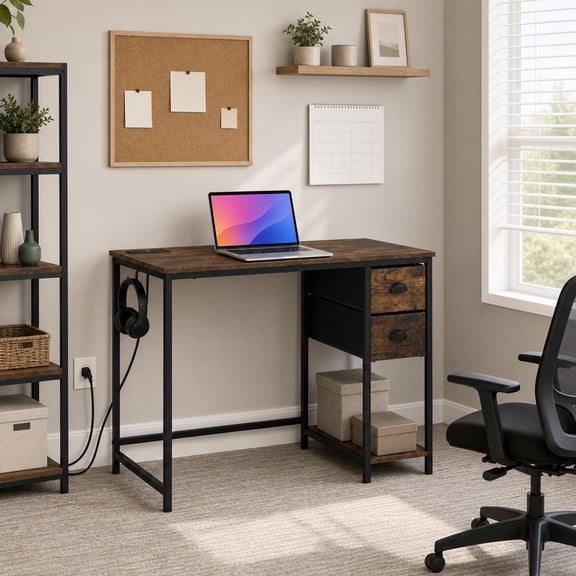 38" Computer Desk with Charging Station & 2 Fabric Drawers,Home Office Desk Writing Desk for Small Spaces,Rustic Brown