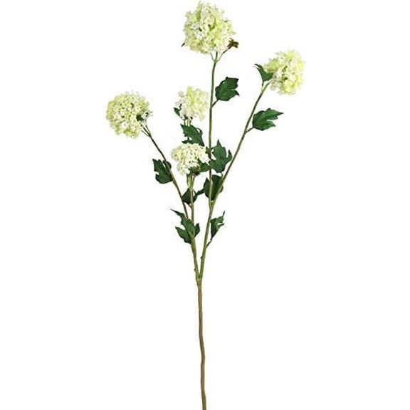 38" Cream Green Snowball Silk Flower Spray Artificial Floral Stem with 5 Blooms & Foliage for Home Dcor, Weddings & Events