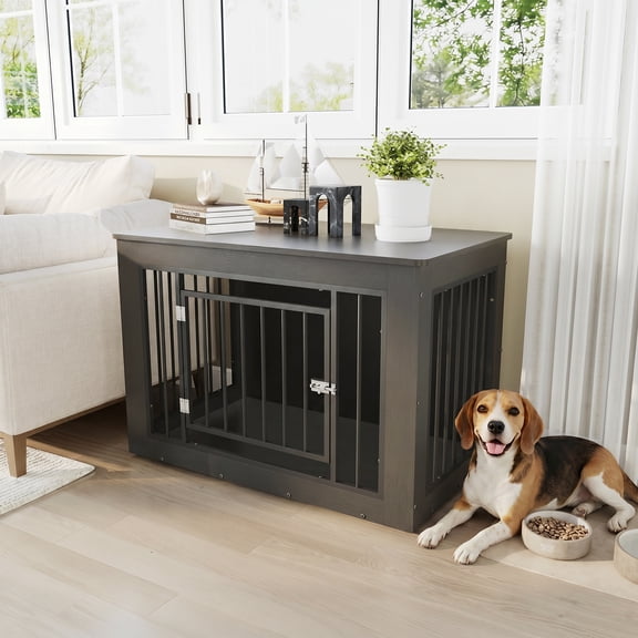 38" Dog Crate Furniture for Small/Medium Dogs, 2-in-1 Iron-Wood Fusion Dog Cage Indoor As Side End Table, Farmhouse Dogs Kennel with Secure Slide Lock & Solid Top, Modern Pet Cage Furniture