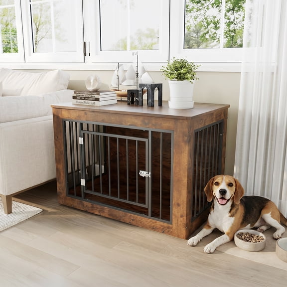38" Dog Crate Furniture for Small/Medium Dogs, 2-in-1 Iron-Wood Fusion Dog Cage Indoor As Side End Table, Farmhouse Dogs Kennel with Secure Slide Lock & Solid Top, Modern Pet Cage Furniture