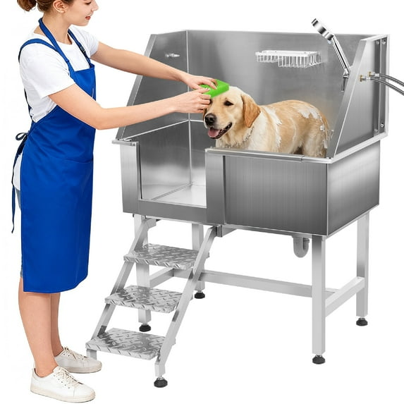 PartyKindom Stainless Steel Pet Bath Tub with Shower Head and Nonslip Ramp for Commercial Use