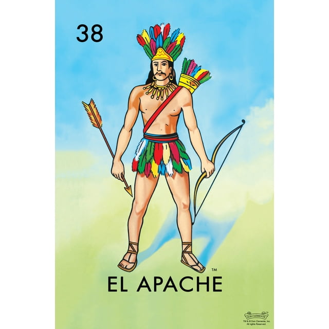 38 El Apache Native American Warrior Loteria Card Mexican Bingo Lottery Day Of Dead Dia Los Muertos Decorations Mexico Sugar Skull Party Spanish Cool Wall Art Print Poster 12x18