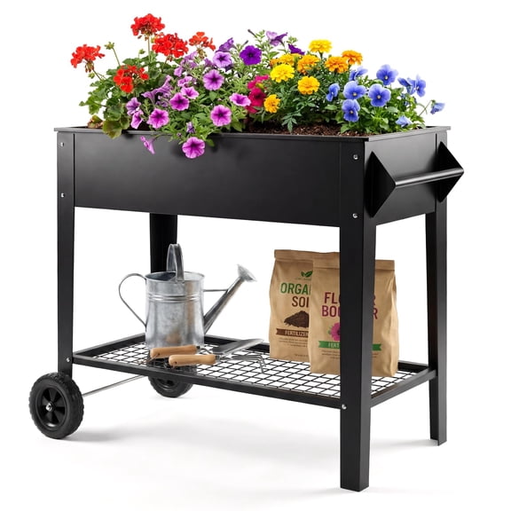 38" Elevated Raised Garden Bed with Wheels and Handle, Mobile Metal Planter Box for Vegetables Herbs Flowers, Ergonomic Standing Planter for Patio Backyard Balcony
