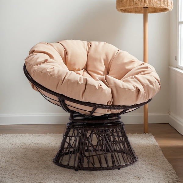 38" Ergonomic Swivel Wicker Papasan Chair with Thick Tufted Cushions, 360 Degree Rotatable Chairs for Living Room Bedroom Reading Room, Beige Cushion