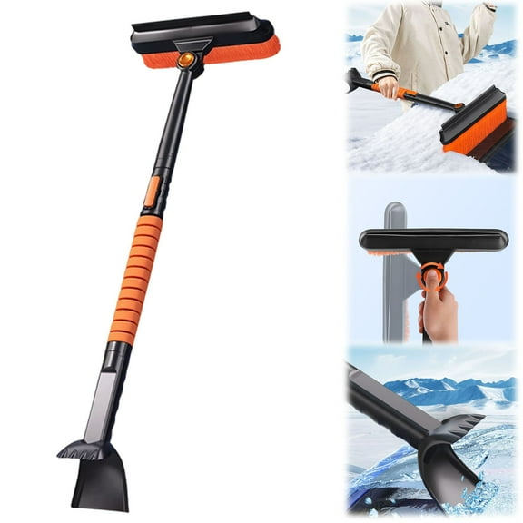 38" Extendable Snow Brush with Squeegee and Ice Scraper, 3-in-1 Car Snow Removal Tool with Pivoting Head and Ergonomic Grip, Emergency Snow Shovel, Efficient Winter Snow/Ice Cleaning Accessory