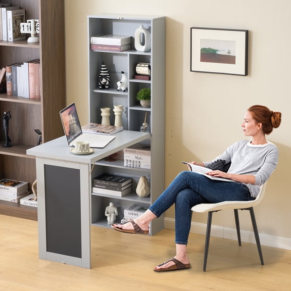 38" Folding Computer Desk with Storage,Foldable Convertible Writing table with Blackboard and Shelves,Wall Mount Fold Out Table Cabinet ,Grey