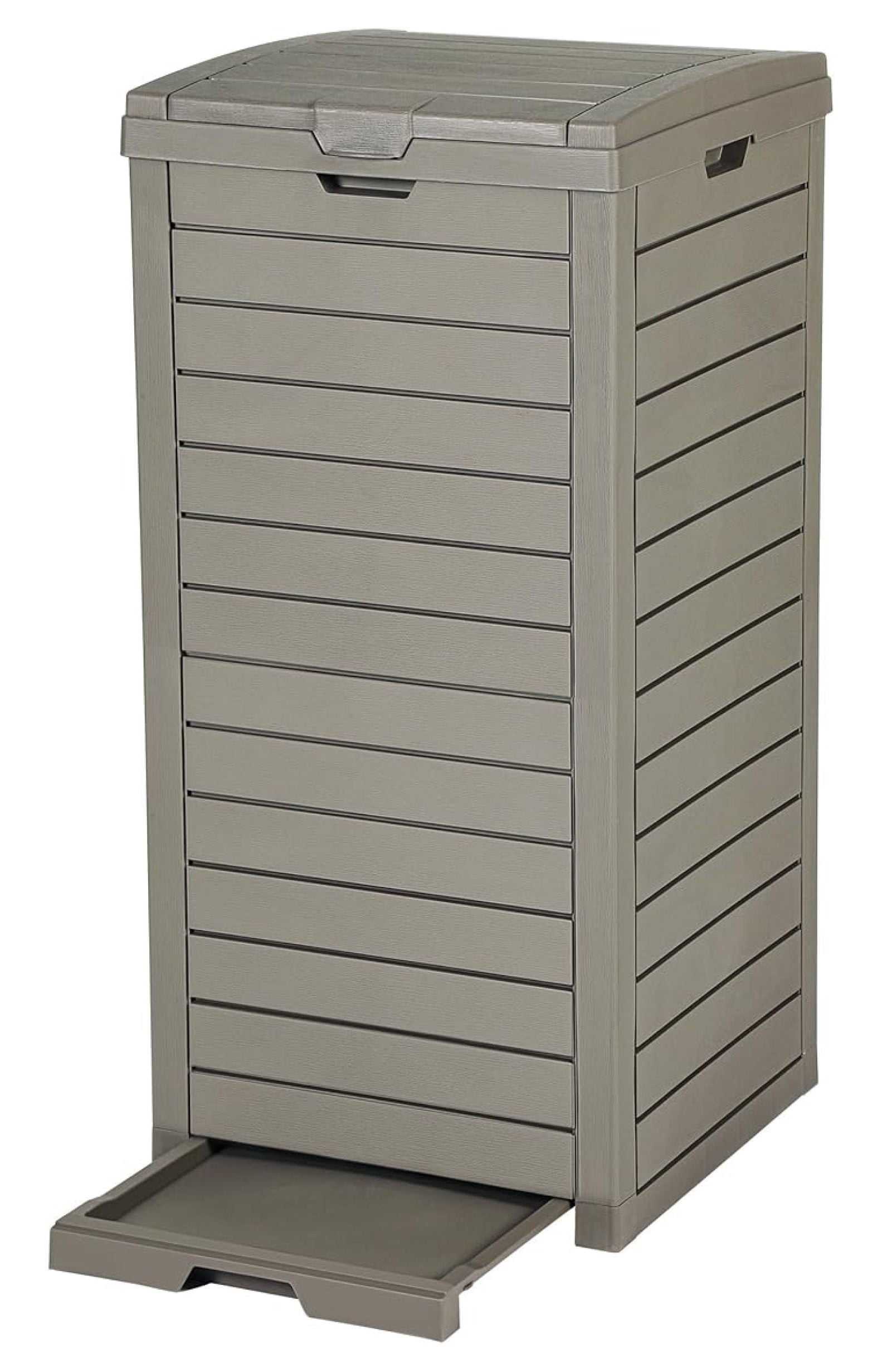 38 Gallon Large Outdoor Trash Can, Waterproof Resin Hideaway Garbage Bin with Lid and Drip Tray, Outside Trash Bin for Porch, Backyard, Deck, Patio, Poolside, Easy to Clean, Taupe