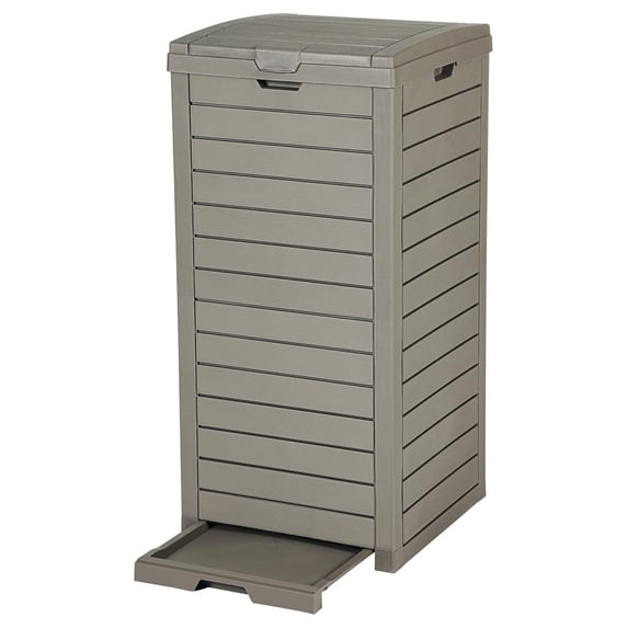 38 Gallon Large Outdoor Trash Can, Waterproof Resin Hideaway Garbage Bin with Lid and Drip Tray, Outside Trash Bin for Porch, Backyard, Deck, Patio, Poolside, Easy to Clean, Taupe