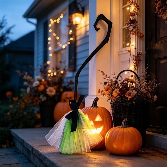 38" Halloween Witch Broom, Witch Broom with Curved Handle, Plastic Witches Broomstick Cosplay Prop for Halloween Cosplay Party Costume Accessory Indoor Festive Scene Decoration(Green)