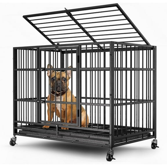 38" Heavy Duty Dog Crate, Escape Proof, 4 Lockable Wheels, Removable Door, Indoor Use, Max Load 300Lbs, Easy to Clean, for High Anxiety Dogs