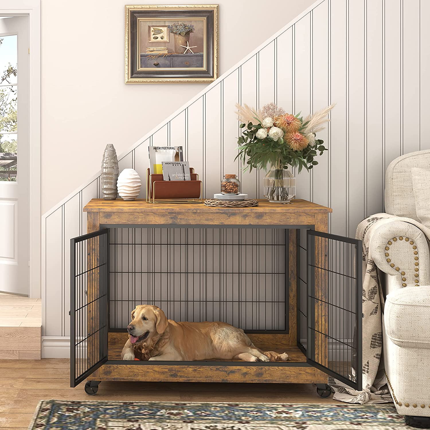 38" Heavy Duty Dog Crate, Furniture Style Dog Cage Sliding Iron Door with Wheels, Mat, Dog House for Indoor Dogs, Gray